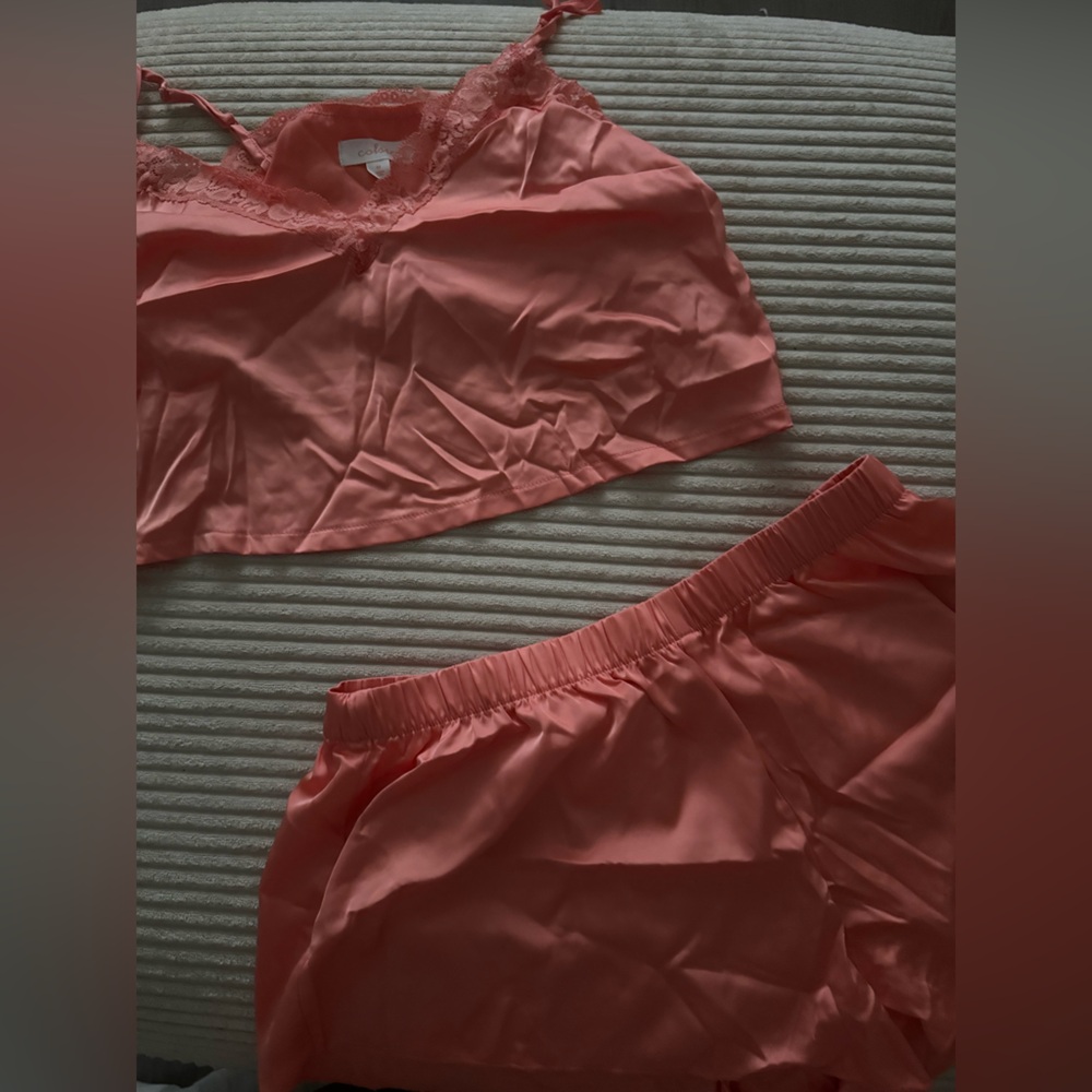 Colsie Coral Satin Lace-Trim Cami & Shorts Pajama Set
